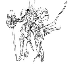 Rule 34 | bow (weapon), greyscale, highres, holding, holding sword, holding weapon, ledjoker07, mecha, monochrome, no humans, raideen (series), robot, simple background, solo, standing, sword, weapon, white background