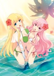 Rule 34 | 2girls, :d, asymmetrical docking, bikini, blonde hair, blue eyes, breast press, fang, flower, green bikini, hair flower, hair ornament, highres, holding hands, kneeling on water, light rays, looking at viewer, louise francoise le blanc de la valliere, multiple girls, navel, noise reduction, oasis, official art, open mouth, palm tree, pink eyes, pink hair, pointy ears, scan, side-tie bikini bottom, smile, starfish, swimsuit, textless version, tiffania westwood, translated, tree, usatsuka eiji, wet, zero no tsukaima