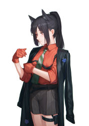 Rule 34 | 1girl, absurdres, animal ears, arknights, black hair, black jacket, black shorts, commentary, english commentary, gloves, green necktie, highres, jacket, long hair, necktie, open clothes, open jacket, ponytail, red eyes, red gloves, red shirt, shirt, shorts, simple background, sleeves rolled up, solo, striped necktie, texas (arknights), thigh strap, white background, wolf ears, yidie