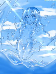Rule 34 | 1girl, :d, blue eyes, blue hair, blue sclera, blue skin, blue sky, breasts, colored sclera, colored skin, completely nude, curss, dot nose, hands up, highres, jumping, light rays, long hair, looking at viewer, monster girl, navel, nude, ocean, open mouth, original, outdoors, parted lips, sky, slime girl, small breasts, smile, solo, thigh gap, transparent, twitter username