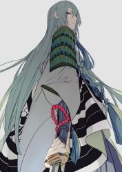 Rule 34 | 10s, 1boy, armor, beads, blue eyes, blue hair, from below, japanese armor, japanese clothes, kousetsu samonji, long hair, male focus, matching hair/eyes, nineo, shoulder armor, simple background, sode, solo, sword, touken ranbu, very long hair, weapon