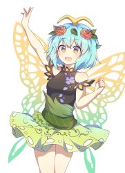 Rule 34 | 1girl, :d, adapted costume, antennae, arm up, bare arms, bare shoulders, black shirt, blue hair, blush, breasts, brown eyes, butterfly wings, clenched hand, clothing cutout, commentary request, cowboy shot, eternity larva, flower, frills, green skirt, hair flower, hair ornament, highres, insect wings, kaoling, leaf, looking at viewer, medium breasts, miniskirt, open mouth, pink flower, pink rose, rose, shirt, short hair, shoulder cutout, simple background, skirt, smile, solo, standing, thighs, touhou, white background, wings