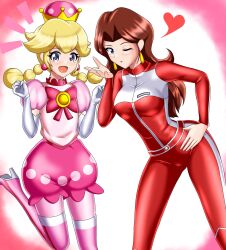 Rule 34 | 2girls, blonde pubic hair, breasts, brown hair, heart, highres, irohazakayouth, large breasts, mario (series), mario kart, mario kart 8, mario kart 8 deluxe, multiple girls, nintendo, official alternate costume, one eye closed, pauline (mario), peachette, simple background, tight clothes, wink