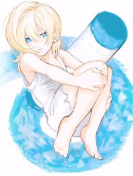 Rule 34 | 1girl, bare shoulders, barefoot, blonde hair, blue eyes, closed mouth, crayon, dress, hair between eyes, highres, holding own leg, kingdom hearts, kingdom hearts ii, looking at viewer, medium hair, namine, nishinsobha, simple background, sitting, solo, sundress, white dress