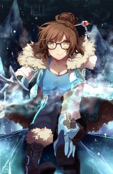 Rule 34 | 1girl, beads, black-framed eyewear, blue gloves, blue legwear, boots, breasts, brown eyes, brown hair, cleavage, coat, fur-trimmed boots, fur-trimmed jacket, fur boots, fur coat, fur trim, glasses, gloves, hair bun, hair ornament, hair stick, hand on foot, ice, jacket, k-rumi, large breasts, md5 mismatch, mei (overwatch), open clothes, open coat, overwatch, overwatch 1, pants, parka, reaching, reaching towards viewer, resized, resolution mismatch, short hair, single hair bun, sitting, snowflake hair ornament, solo, source smaller, tank top, upscaled, winter clothes, winter coat