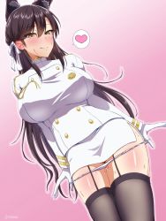 Rule 34 | 1girl, :q, animal ears, arima kouichi, atago (azur lane), azur lane, black hair, black thighhighs, blush, breasts, brown eyes, buttons, double-breasted, garter straps, gloves, gradient background, heart, large breasts, long hair, looking at viewer, miniskirt, panties, panty pull, pussy juice, skirt, smile, solo, spoken heart, thighhighs, tongue, tongue out, underwear, very long hair, white gloves, white panties