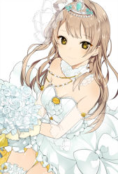 Rule 34 | 10s, 1girl, bare shoulders, bouquet, bow, breasts, bride, brown hair, cleavage, crown, detached sleeves, dress, flower, frills, hair bow, hair ornament, jewelry, long hair, looking at viewer, love live!, love live! school idol festival, love live! school idol project, lpip, minami kotori, side ponytail, skirt, smile, solo, thighhighs, wedding dress, white thighhighs, yellow eyes