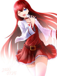 Rule 34 | 1girl, ;d, absurdres, bag, blue eyes, choker, collarbone, cowboy shot, dated, floating hair, frilled sleeves, frills, ginga no kou, hair between eyes, highres, holding, holding microphone, idol, jacket, long hair, long sleeves, makise kurisu, microphone, miniskirt, one eye closed, open clothes, open jacket, open mouth, pleated skirt, red choker, red hair, red skirt, simple background, skirt, smile, solo, standing, steins;gate, thighhighs, very long hair, white background, white jacket, white thighhighs, zettai ryouiki