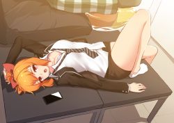 Rule 34 | 1girl, bad id, bad pixiv id, black jacket, bow, bra, breasts, cellphone, cleavage, hair bow, highres, jacket, large breasts, looking at viewer, lying, narynn, narynn (character), necktie, no shoes, on back, open mouth, orange hair, original, pencil skirt, phone, ponytail, red bow, shirt, sidelocks, skirt, smartphone, socks, solo, striped necktie, striped neckwear, thighs, underwear, uniform, white shirt, white socks