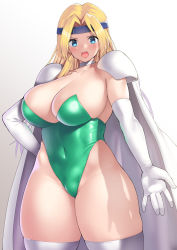 Rule 34 | 1girl, armor, blonde hair, blue eyes, blue headband, blush, breasts, cape, celes chere, cleavage, covered navel, cowboy shot, curvy, elbow gloves, final fantasy, final fantasy vi, gloves, green leotard, headband, highleg, highleg leotard, huge breasts, large breasts, leotard, looking at viewer, nagase haruhito, open mouth, shoulder armor, skindentation, solo, square enix, strapless, strapless leotard, thick thighs, thighhighs, thighs, white cape, white gloves, white thighhighs