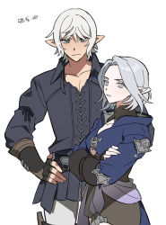 Rule 34 | 1boy, 1girl, alternate hair length, alternate hairstyle, belt, black eyes, black gloves, blue jacket, chinese commentary, clothes around waist, collarbone, collared jacket, commentary request, cowboy shot, crossed arms, elbow gloves, elezen, elf, estinien varlineau, final fantasy, final fantasy xiv, fingerless gloves, frown, gloves, grey eyes, grey hair, grey lips, hands on own hips, height difference, highres, jacket, long sleeves, looking at viewer, pants, pointy ears, short hair, simple background, standing, turtleneck, white background, white pants, wuliu heihuo, ysayle dangoulain