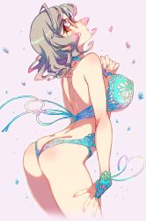 Rule 34 | 1girl, ahoge, ass, bikini, blue bikini, blush, breasts, brown eyes, butt crack, glasses, grey hair, highres, kusanagi tonbo, large breasts, lips, looking back, nipples, open mouth, petals, short hair, simple background, solo, swimsuit, white background, wrist cuffs