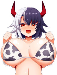 Rule 34 | 1girl, :d, animal ears, animal print, blush, breasts, clenched hands, cow ears, cow girl, cow horns, cow print, fang, from below, full-face blush, gero zoukin, highres, horns, huge breasts, multicolored hair, open mouth, smile, solo, touhou, two-tone hair, ushizaki urumi, white background