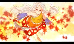 Rule 34 | 1girl, autumn leaves, bare shoulders, barefoot, bow, collarbone, commentary request, detached sleeves, dress, hashitsuki nata, hatchet, highres, holding, letterboxed, long hair, looking at viewer, mono (lovenedesiko), multicolored clothes, multicolored dress, nata (tool), red bow, red eyes, sakata nemuno, silver hair, single strap, smile, solo, touhou, very long hair, wavy hair, yellow background