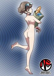 Rule 34 | 1girl, absurdres, artist name, ass, back, bag, barefoot, beauty (pokemon), blue background, breasts, brown hair, clenched hand, completely nude, creatures (company), dimples of venus, eyelashes, eyewear on head, feet, feet up, female focus, fingernails, from behind, full body, game freak, grey eyes, groceries, grocery bag, hair bun, hand up, highres, holding, holding bag, holding poke ball, legs, long hair, looking at viewer, looking back, medium breasts, neck, nilterguy, nintendo, npc trainer, nude, nude filter, official art nude filter, parted lips, poke ball, pokemon, pokemon xy, profile, shopping bag, shoulder blades, sideboob, sidelocks, soles, standing, standing on one leg, sunglasses, sunglasses on head, thighs, third-party edit, tiptoes, toenails, toes, unworn clothes