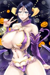 Rule 34 | bare shoulders, black hair, breasts, cleavage, clothing cutout, cosplay, demon girl, demon tail, demon wings, fate/grand order, fate (series), grey eyes, heart, heart cutout, highres, horns, huge breasts, irisviel von einzbern, irisviel von einzbern (cosplay), irisviel von einzbern (halloween princess), long hair, minamoto no raikou (fate), navel, pubic cutout, sakata kintoki (fate), sakata kintoki (rider) (fate), sakuama, solo, tail, thighs, v, very long hair, wings