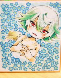 Rule 34 | 1girl, animal, artist name, bare shoulders, blue flower, blush, child, collarbone, commentary request, dated, dress, dutch angle, field, floral background, flower, flower field, forget-me-not (flower), from above, green hair, hair between eyes, looking at viewer, lying, made in abyss, meinya (made in abyss), mumu yu mu, on back, own hands clasped, own hands together, parted lips, photo (medium), prushka, red eyes, shikishi, short hair, smile, solo focus, sundress, traditional media, upper body, white dress