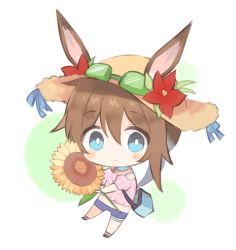 Rule 34 | 1girl, amiya (arknights), animal ears, arknights, bad id, bad pixiv id, bag, black footwear, blue eyes, blue shorts, blush, brown hair, brown hat, closed mouth, ears through headwear, flower, goggles, goggles on headwear, hair between eyes, hat, hat flower, holding, holding flower, long hair, looking at viewer, off-shoulder shirt, off shoulder, official alternate costume, pink shirt, ponytail, puffy short sleeves, puffy sleeves, rabbit ears, red flower, shirt, shoes, short shorts, short sleeves, shorts, shoulder bag, smile, solo, sun hat, sunflower, toufu mentaru zabuton, very long hair, yellow flower
