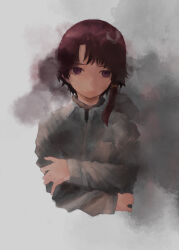 Rule 34 | 1girl, absurdres, brown eyes, brown hair, closed mouth, collared shirt, commentary, cropped torso, dress shirt, faux traditional media, hair ornament, highres, iwakura lain, long sleeves, looking at viewer, parted bangs, serial experiments lain, shirt, short hair, single sidelock, solo, tanzan, turtleneck, upper body, watercolor effect, white shirt, x hair ornament