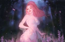 Rule 34 | 1girl, absurdres, artist name, blurry, blurry background, breasts, cmapca, depth of field, elf, highres, looking away, looking to the side, navel, original, outdoors, parted lips, petals, pink hair, pointy ears, ponytail, solo, standing, stomach, teeth