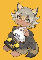 Rule 34 | 1girl, animal ears, belt, black jacket, blonde hair, camisole, controller, coyote (kemono friends), extra ears, fang, game controller, gloves, highres, jacket, japari symbol, kemono friends, kemono friends v project, looking at viewer, rinx, short hair, simple background, skirt, solo, tail, virtual youtuber, wolf ears, wolf girl, wolf tail, yellow background, yellow eyes