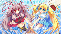 Rule 34 | 2girls, :d, black legwear, blonde hair, blue eyes, bow, breasts, brown hair, copyright request, from above, hair bow, hair ornament, hair ribbon, hayata aya, holding hands, long hair, looking at viewer, looking up, multiple girls, open mouth, pleated skirt, red eyes, ribbon, s.i.s.t.a.r.s: kiss of trinity, skirt, smile, thighhighs, twintails, white legwear, zettai ryouiki