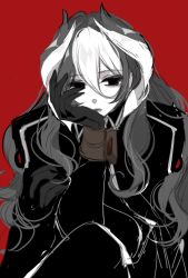 Rule 34 | 1girl, alternate hair length, alternate hairstyle, bad id, bad pixiv id, black eyes, black gloves, black hair, black jacket, black pants, gloves, hair between eyes, head rest, jacket, long hair, looking at viewer, made in abyss, mamaloni, multicolored hair, ozen, pants, red background, simple background, sitting, solo, two-tone hair, white hair