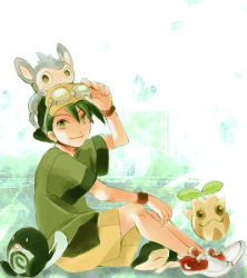 Rule 34 | 1boy, aipom, black hair, creature, creatures (company), cyndaquil, ethan (pokemon), from side, full body, game freak, gen 1 pokemon, gen 2 pokemon, goggles, goggles on head, hat, leaf, looking at viewer, lowres, nintendo, outdoors, plant, pokemon, pokemon (creature), pokemon adventures, poliwag, shoes, shorts, sitting, sneakers, sunkern