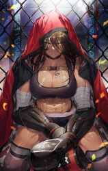 Rule 34 | 1girl, abs, absurdres, bandaged arm, bandages, black shorts, black sports bra, boxing gloves, breast tattoo, breasts, brown hair, cable, chain-link fence, chap sal !, choker, cleavage, collarbone, commentary, cowboy shot, dark-skinned female, dark skin, fence, girls&#039; frontline, girls&#039; frontline neural cloud, hair between eyes, highres, hood, hood up, large breasts, long hair, looking at viewer, magnhilda (neural cloud), mechanical arms, midriff, muscular, muscular female, navel, shorts, sitting, solo, sports bra, sweat, tattoo, yellow eyes