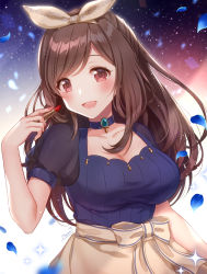 Rule 34 | 1girl, artist name, blue choker, blush, breasts, brown hair, choker, cleavage, collarbone, commentary request, hairband, idolmaster, idolmaster shiny colors, large breasts, lipstick, long hair, looking at viewer, makeup, naomi (fantasia), petals, puffy short sleeves, puffy sleeves, red eyes, short sleeves, solo, tsukioka kogane, upper body
