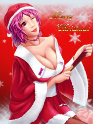 Rule 34 | 1girl, 7/11 (fukuso), ;), bow, breasts, choker, cleavage, folded fan, closed mouth, collarbone, hand fan, folding fan, fur-trimmed sleeves, fur trim, hat, holding, large breasts, long sleeves, looking at viewer, off shoulder, one eye closed, pink bow, pink eyes, pink hair, red lips, ribbon choker, saigyouji yuyuko, santa costume, santa hat, short hair, simple background, smile, snowflake background, solo, touhou, wide sleeves