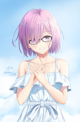 Rule 34 | 1girl, alternate costume, artist request, bare arms, bare shoulders, black-framed eyewear, breasts, collarbone, commentary request, dress, fate/grand order, fate (series), glasses, hair between eyes, hair over one eye, highres, looking at viewer, mash kyrielight, medium breasts, purple eyes, ribbon, short hair, skyrail, smile, solo, teeth, upper body, white dress, white ribbon