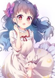 Rule 34 | 1girl, :d, aikatsu! (series), aikatsu friends!, black hair, blue hair, blush, bow, breasts, child, commentary request, crescent print, dress, floral background, frilled dress, frills, gradient background, gradient hair, grey dress, hair bow, highres, long hair, long sleeves, looking at viewer, multicolored hair, open mouth, print dress, puffy long sleeves, puffy sleeves, purple background, purple bow, red bow, red eyes, rose background, shirayuri kaguya, small breasts, smile, solo, torokeru none, very long hair, white background