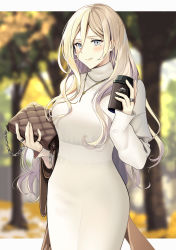 Rule 34 | 1girl, alternate costume, bag, blonde hair, blue eyes, blush, closed mouth, commentary request, dress, handbag, highres, holding, holding bag, jewelry, kantai collection, long hair, long sleeves, mole, mole under eye, mole under mouth, necklace, richelieu (kancolle), smile, solo, tumbler, white dress, yunamaro