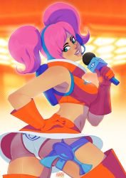 Rule 34 | 1girl, ass, blue hair, body blush, breasts, gloves, hand on own hip, headphones, highres, looking at viewer, microphone, midriff, panties, pantyshot, pink hair, sega, space channel 5, thick thighs, thighhighs, thighs, tovio rogers, twintails, ulala, underwear, upskirt