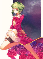Rule 34 | 1girl, asellus (saga frontier), bike shorts, bow, coat, expressionless, flower, green eyes, green hair, jewelry, matching hair/eyes, purple rose, red rose, rose, rusuban, saga, saga frontier, short hair, sky, solo, star (sky), starry sky