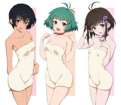 Rule 34 | 3girls, :d, ahoge, antenna hair, black hair, breasts, brown eyes, choker, cleavage, collarbone, commentary request, crossover, farah oersted, green hair, jewelry, kiikii (kitsukedokoro), looking at viewer, medium breasts, multiple girls, naked towel, necklace, open mouth, pink choker, purple eyes, reala (tales), rutee katrea, short hair, small breasts, smile, standing, tales of (series), tales of asteria, tales of destiny, tales of destiny 2, tales of eternia, tan, towel, very short hair