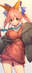 Rule 34 | 1girl, alternate costume, animal ear fluff, animal ears, bad id, bad pixiv id, blue ribbon, breasts, casual, collarbone, commentary, commentary request, contemporary, fate/extra, fate (series), fox ears, fox girl, gradient background, hair ornament, highres, jacket, large breasts, long sleeves, looking at viewer, mogullaz, necktie, pink hair, ribbon, smile, solo, standing, sweater, tamamo (fate), tamamo no mae (fate/extra), yellow eyes