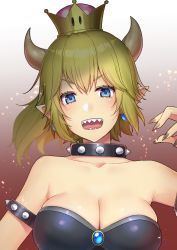 Rule 34 | 1girl, :d, aimori meguru, bad id, bad pixiv id, black dress, black nails, blonde hair, blue eyes, bowsette, bracelet, breasts, cleavage, collar, crown, dress, earrings, fingernails, gem, hand up, highres, horns, jewelry, large breasts, looking at viewer, mario (series), nail polish, nintendo, open mouth, pointy ears, sharp fingernails, sharp teeth, skindentation, smile, solo, spiked bracelet, spiked collar, spikes, super crown, teeth, upper body