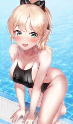 Rule 34 | 1girl, :d, arm support, barefoot, black bow, black one-piece swimsuit, blonde hair, blush, bow, breasts, cleavage, collarbone, competition swimsuit, day, dripping, green eyes, hair bow, highres, large breasts, leaning forward, long hair, looking at viewer, mole, mole under eye, one-piece swimsuit, open mouth, original, outdoors, ponytail, pool, shirosaba, smile, solo, swimsuit, two-tone swimsuit, water, wet, wet clothes, wet swimsuit, white one-piece swimsuit