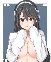 Rule 34 | 1girl, alternate costume, ame-rain, black hair, breasts, brown eyes, hair between eyes, hair ornament, hairband, hairclip, haruna (kancolle), highres, kantai collection, large breasts, long hair, naked shirt, open clothes, open shirt, shirt, sleeves past wrists, smile, solo, white hairband, white shirt