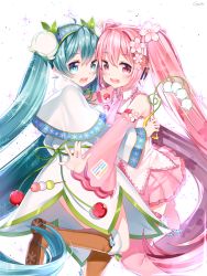 Rule 34 | 2girls, ahoge, aqua eyes, aqua hair, artist name, boots, brown footwear, cherry blossoms, dango, detached sleeves, flower, food, fur boots, gendo0032, gendo0033, hair flower, hair ornament, hatsune miku, highres, knee boots, lily of the valley, long hair, looking at viewer, multiple girls, necktie, open mouth, pink eyes, pink footwear, pink hair, pink legwear, sakura miku, sanshoku dango, skirt, snow boots, snowdrop (flower), snowflakes, thigh boots, thighhighs, twintails, very long hair, vocaloid, wagashi, yuki miku