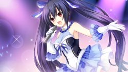 Rule 34 | 1girl, bare shoulders, black hair, blush, brave neptune, breasts, frills, hair ornament, hair ribbon, long hair, looking at viewer, medium breasts, microphone, neptune (series), noire (neptunia), official art, open mouth, red eyes, ribbon, smile, solo, spotlight, tsunako, twintails