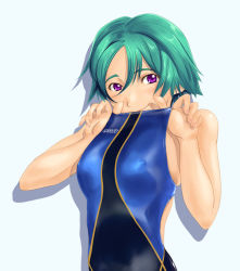 Rule 34 | 1girl, aqua hair, bad id, bad pixiv id, breasts, clothes pull, competition swimsuit, large breasts, looking at viewer, nipples, one-piece swimsuit, one-piece swimsuit pull, shadow, shoko (moccom), short hair, skindentation, smile, solo, speedo (company), swimsuit