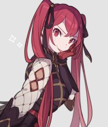 Rule 34 | 1girl, :p, double-parted bangs, fire emblem, fire emblem fates, gambeson, gloves, grey background, haconeri, long hair, looking at viewer, nintendo, red eyes, red gloves, red hair, selena (fire emblem fates), simple background, solo, sparkle, tongue, tongue out, twintails, upper body