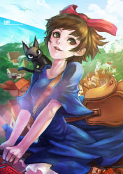 Rule 34 | 1girl, absurdres, bag, bird, black cat, bloomers, bow, breasts, broom, broom riding, brown eyes, brown hair, cat, cloud, cloudy sky, commentary, completion time, day, hair bow, hairband, highres, horizon, jiji (majo no takkyuubin), kiki (majo no takkyuubin), landscape, lips, majo no takkyuubin, monori rogue, parted lips, satchel, seagull, short hair, sky, small breasts, smile, solo, studio ghibli, underwear