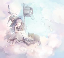 Rule 34 | above clouds, animal, animal on head, bag, bare arms, beak hold, bird, bird on head, blush, box, brown headwear, cat, closed eyes, closed mouth, cloud, dress, duffel bag, envelope, fairyapple, flat chest, gem, hat, knees up, lace, lace-trimmed dress, lace trim, letter, long hair, mouth hold, on head, original, pointy ears, postbox (outgoing mail), purple hair, short sleeves, shoulder bag, sitting, star (symbol), witch hat