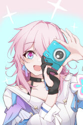 Rule 34 | 1girl, :d, absurdres, archery shooting glove, black choker, black gloves, blue eyes, blue jacket, blush, camera, choker, earrings, gloves, hair between eyes, highres, honkai: star rail, honkai (series), jacket, jewelry, liliya qiaokuoai, long sleeves, looking at viewer, march 7th (honkai: star rail), medium hair, multicolored background, open mouth, partially fingerless gloves, pink eyes, pink hair, shirt, single earring, single glove, smile, solo, taking picture, two-tone eyes, upper body, white shirt