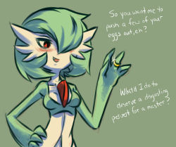 Rule 34 | artist request, blush, breasts, creatures (company), fang, game freak, gardevoir, gen 3 pokemon, green background, highres, jewelry, nintendo, open mouth, pokemon, pokemon (creature), red eyes, ring, source request