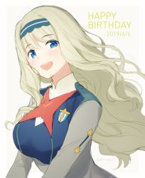 Rule 34 | 1girl, blonde hair, blue eyes, blue hairband, blush, breasts, collar, collared jacket, commentary, curly hair, darling in the franxx, dated, hair between eyes, hairband, happy birthday, jacket, kokoro (darling in the franxx), long hair, long sleeves, looking at viewer, military, military uniform, open mouth, simple background, smile, solo, toma (norishio), uniform, upper body, white background